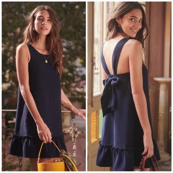 Sézane Mathilde Tie Bow Back Dress in Marine Blue Size FR 38, US 6 - Picture 1 of 11